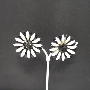 Vintage Enamel Floral Earrings, Black and White Flowers, Clip on Earrings